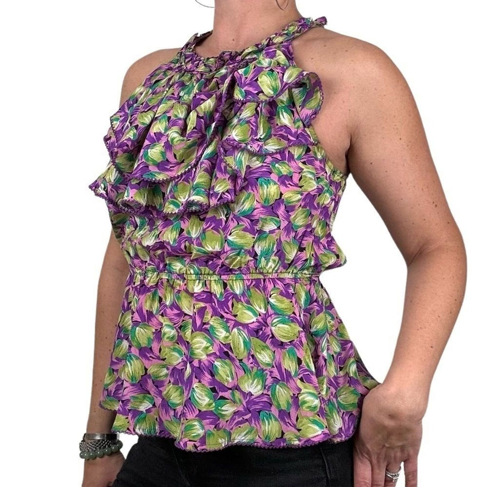 Odille Anthropologie Sleeveless Ruffle Blouse Sz 2 Purple Floral Racerback